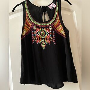 Love on a Hanger Black Tank with Vibrant Embroidery Sz S
